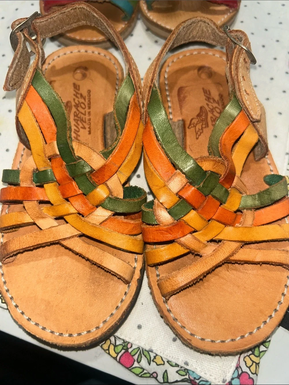 Kids Multicolor Leather Woven Sandals - Green, Orange & Yellow